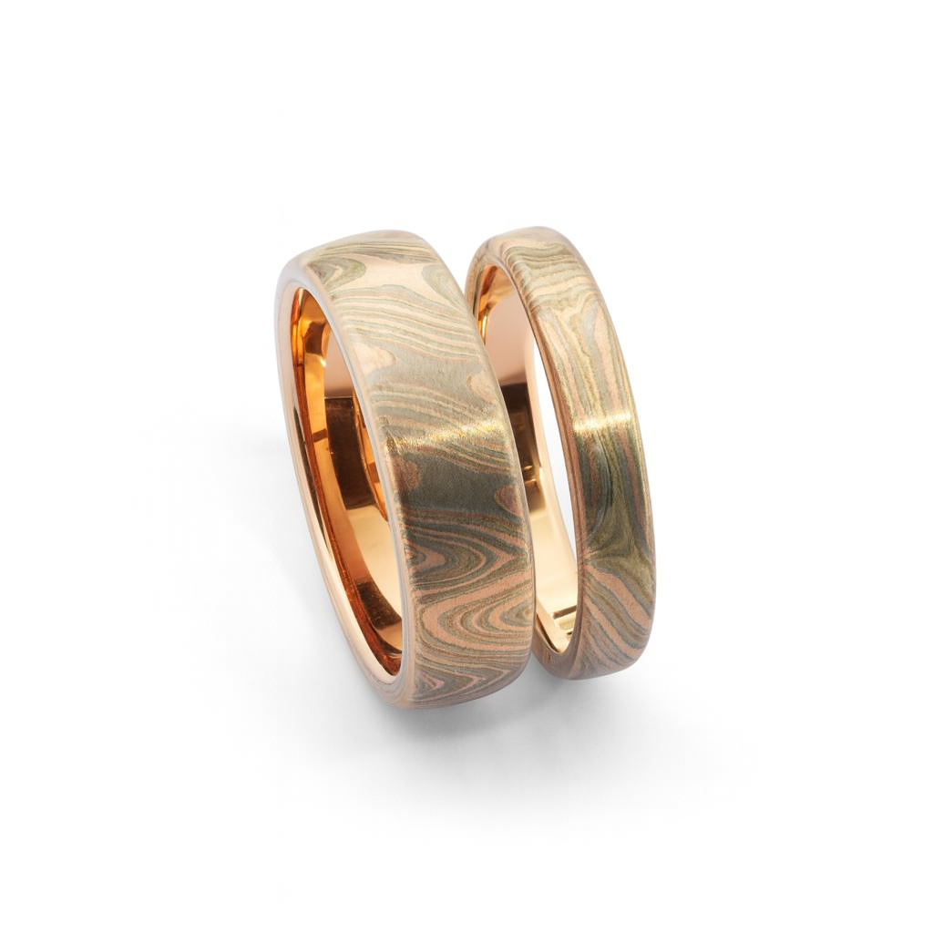 Collectie Tokyo - Trouwring mokume gane rood goud titanium zilver