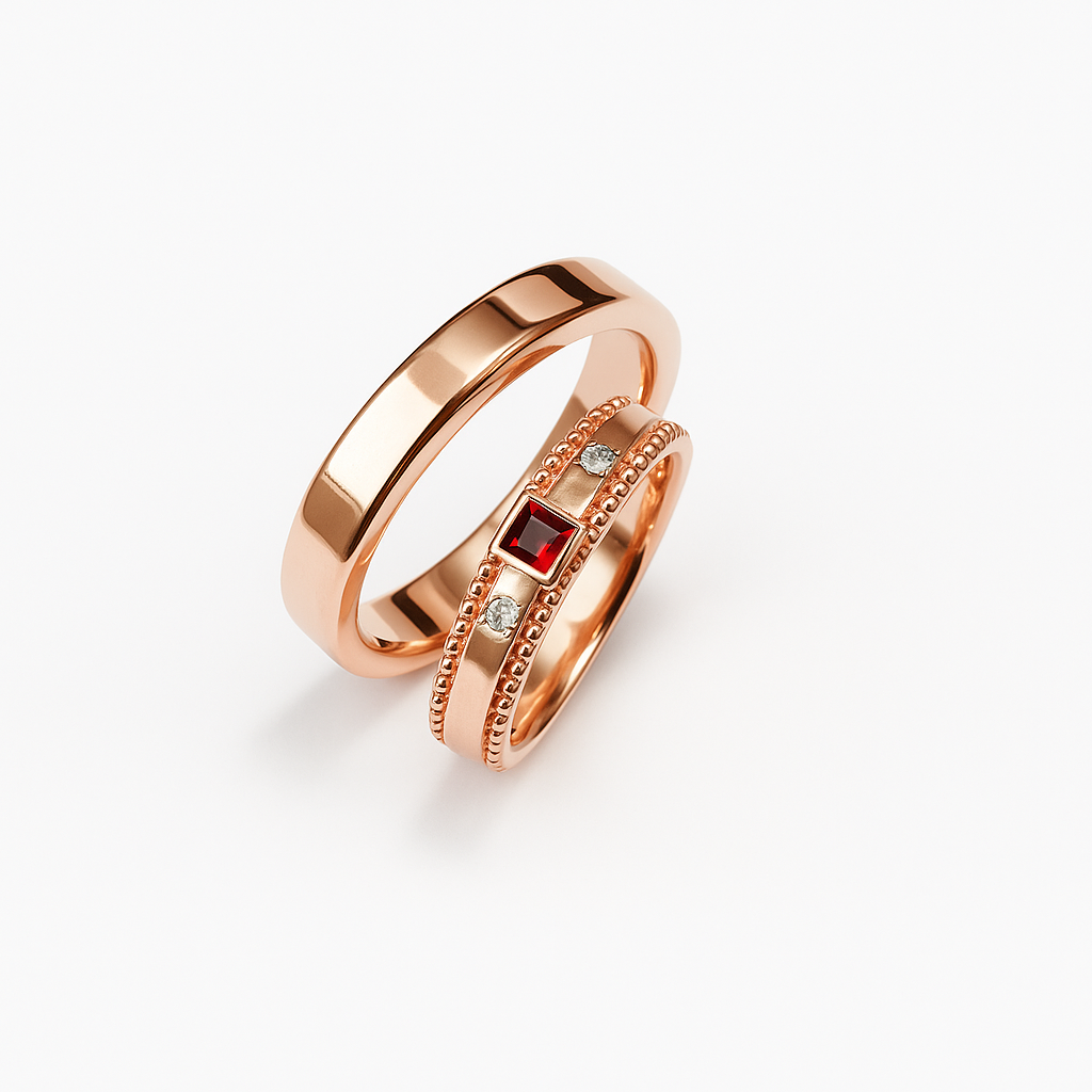 Trouwringen rosé met robijn