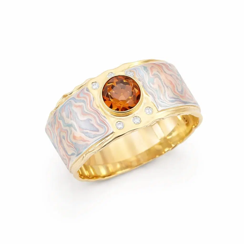 Mokume gane ring met toermalijn en diamant